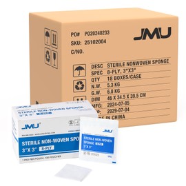 JMU Sterile Gauze Pads 3x3, 100 Pack 8-ply Non Woven Sterile Gauze Sponges, Individually Packed for Wound Care, 18boxes/case