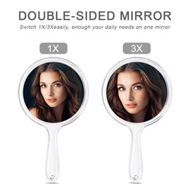 Kmchilj Makeup Hand Mirror, Double-Sided 3X 1x Magnifying Large Travel Handheld Mirror Cosmetic Mirror Acrylic Clear Finish Round Mirror