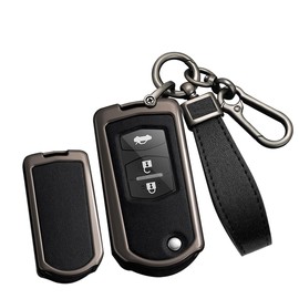 TECART Folding Car Key Case Key Cover Zinc Alloy Leather Keychain fit for it for Mazda 2 3 5 6 CX5 CX7 CX9 RX8 M6 MX5 Key Shell Protection Covers 2 3 Buttons Key Fob Holder Cover Keyring Black