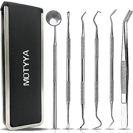 Herramientas Dentales | MOTYYA | Kit de Herramientas de Limpieza de Dientes | Higiene Dental Profesional | Acero Inoxidable | Cuidado Bucal | Conjunto para Eliminar Sarro, Rascador de Dientes, Espejo Bucal | Uso Doméstico | 6 Herramientas