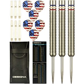 Dartfellas - Juego de dardos con punta de acero de 24 g, 90 % de tungsteno con diseño de estrellas y rayas, color rojo, blanco y azul, vuelos y ejes incluidos (2 juegos cada uno), con estuche de viaje, 24 gramos