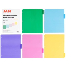 JAM PAPER Plastic Index 5-Tab Dividers - 9 3/4 x 11 1/2 - Assorted Multi-Color - 6 Packs of 5 Tabs/Set