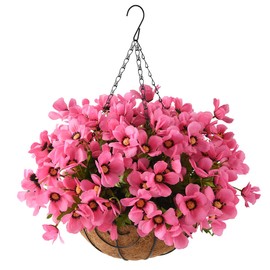 Artificial Fake Hanging Plants Flowers Basket for Outdoor Spring Decoration,Faux Silk Flowers Arrangement for Garden Yard Decor,UV Resistant Realistic Fake Green Plant in Metal Coconut Lining Pot