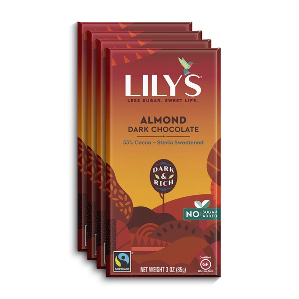 Almond Dark Chocolate Bar by Lily's | Stevia Sweetened, No Added Sugar, Low-Carb, Keto Friendly | 55% Cocoa | Fair Trade, Gluten-Free & Non-GMO | 3 ounce, 4-Pack