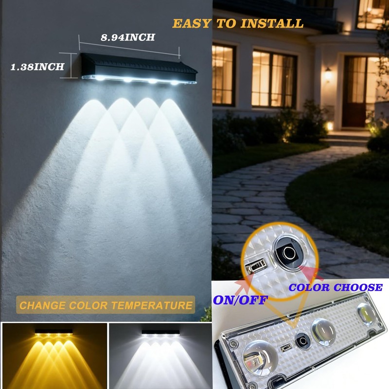 Solar Fence Lights Outdoor, 9 Modes ＆ 8 Fixed Colors