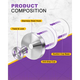 bathiin Suction Cup Hooks for Shower, Suction Hooks for Bathroom Wall, Kitchen, Glass, Mirror, Tile to Hang Towels, Robes, Loofah, 2 Pack, Silver