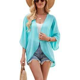 Chunoy Women Summer Chiffon Kimono Cardigan Open Front Loose Tops Lightweight Sheer Beach Cover Up Turquoise X-Large