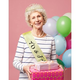 CIEHER Gold 70th Birthday Headband + 70 & Fabulous Birthday Sash + Pearl Pin Set, 70th Birthday Decorations 70th Birthday Gifts for Women