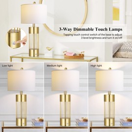 Hamucd Touch Control Set of 2 Gold Table Lamps for Living Room with USB A+C,3-Way Dimmable Modern Brass Nightstand Lamps for Bedroom,Tall Bedside Lamps with White Shades(Two A19 LED Bulbs Included)