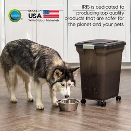 IRIS IRIS USA WeatherPro Airtight Dog Food Storage Container, Up to 42 lbs, Attachable Wheels, For Dog Cat Bird and Other Pet Food Storage Bin, Keep Fresh, Easy Mobility, BPA Free, Smoke/Black