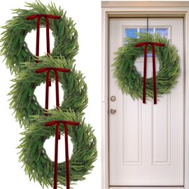 Yuxung 3 Pcs 24 Inch Christmas Norfolk Pine Wreath Artificial Real Touch Norfolk Wreath Winter Farmhouse Greenery Decoration with Ribbon Bow for Front Door Xmas Indoor Outdoor Home Decoration(Red)