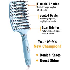 KTKUDY Wet or Dry Hair Detangling Brush - Glides Through Tangles Detangler Brush with Boar Bristles For Women Men & Kids - Faster Blow Drying - Curved HairBrush