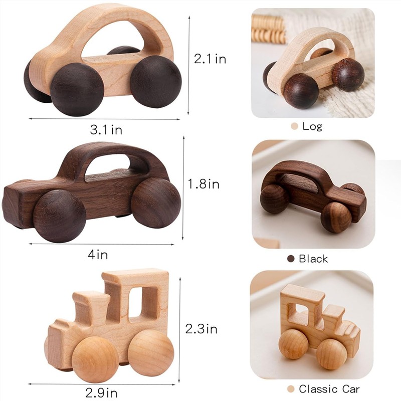 3PCS Wooden Baby Toys,Baby Grasping Toys Push Car Toys Montessori