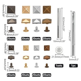 WADORN 160 Sets 7mm/10mm Rapid Rivet Studs Kit, 4 Colors Flat Square Pyramid Rivet Leathercraft Decor with Steel Leather Puncher Hole Drilling Tool and Puncher for Bags Clothing Leather Handicraft