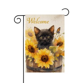 HILILIAN Summer Garden Flag Black Cat Welcome Sunflower 12x18 Inch Double Sided Yard Flag Festival Linen Decorative Home Farmhouse Patio Outdoor Flags(2208)