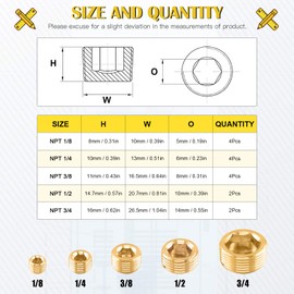 Mardatt 16Pcs 5 Sizes Brass NPT Plug Assortment Kit, 1/8" 1/4" 3/8" 1/2" 3/4" Internal Hex Counter Sunk Pipe Fitting Male Thread Pipe Plug Set