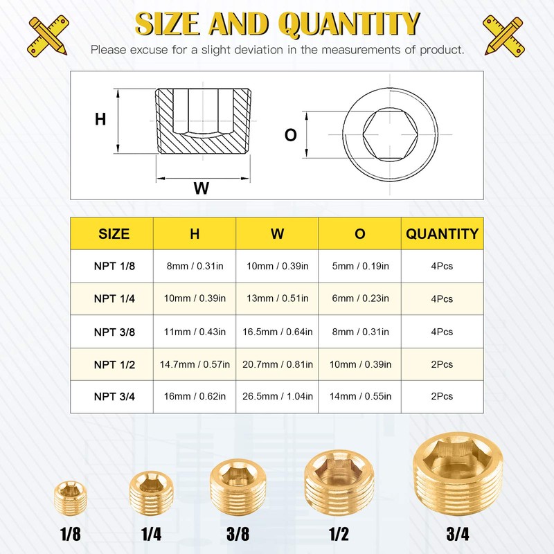 Mardatt 16Pcs 5 Sizes Brass NPT Plug Assortment Kit, 1/8"