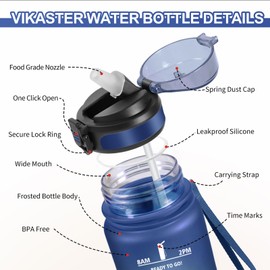 Vikaster School Water Bottle with Straw, 500 ml, Leak-Proof Water Bottle, BPA-Free, Sports Bottle for School, Camping, Yoga, Gym, Outdoors