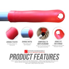 Colour Coded Mop and Broom Handle Replacement - 120cm Long Aluminium Interchangeable Handle With Screw End, Fits Most Heads (Red)