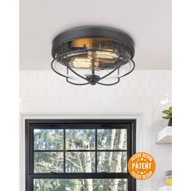 HWH INVESTMENT Flush Mount Ceiling Light Fixtures, 12 inch 2-Light Farmhouse Close to Ceiling Light Fixture with Seeded Glass Shade, Sand Black Finish, 5HTJ7-F BK