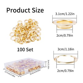 Zythrem 200Pcs Grommets Eyelets Kit 20mm Gold Eyelets with Washer Large Eyelets Kit Eyelet Punch Kit Metal Eyelets for Fabric Leather Tarpaulin Canvas Shoes Craft Curtains DIY and Decoration