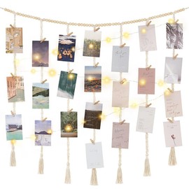 Macrame Hanging Photo Display Decor, Boho Wall Picture Hanger with String Lights and 30 Clips, Pictures Cards Holder for Bedroom, Living Room, Office, Nursery Dorm