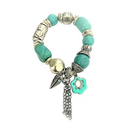 Turquoise Silver Bead Stretchy Charm Bracelet Tribal Style Party Dress Gift Flower Floral Jewellery for Her Women Girls Ladies