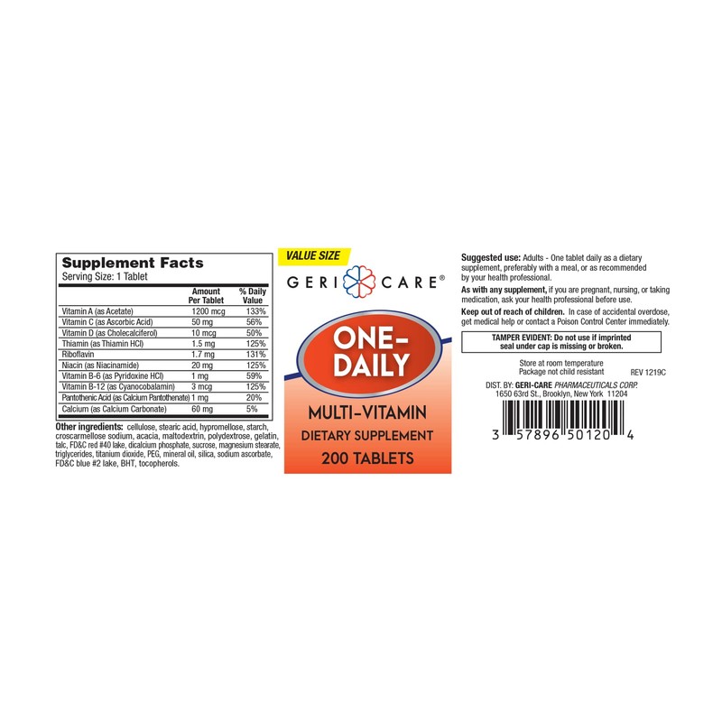 GeriCare One-Daily Multi-Vitamin Tablets Dietary Suplement 200 Count (Pack of