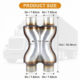3" Universal Exhaust X Pipe, 12" Total Length, Stainless Steel Weld-On Exhaust Pipe Stamped Adapter/Crossover Tube, Fits Most Vehicles