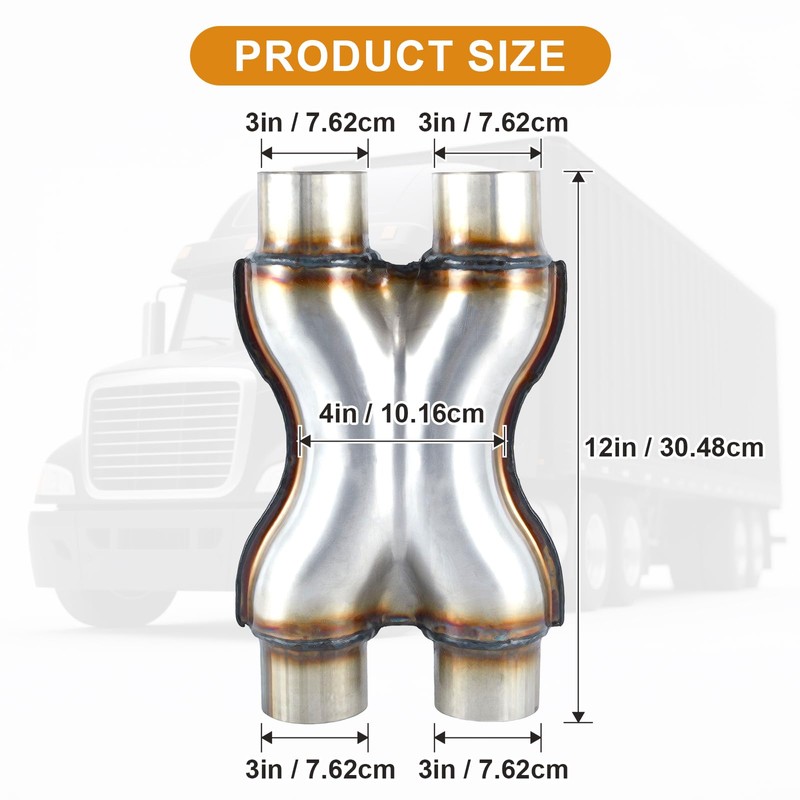 3" Universal Exhaust X Pipe, 12" Total Length, Stainless Steel