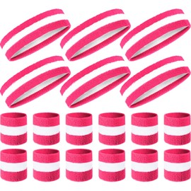 18 Pieces Sweatband Set Headband Wristband Set Sports Sweatbands Set Striped Sweatband Set 80s Sweatbands 90s Headband 70s Headband for Women (Pink)