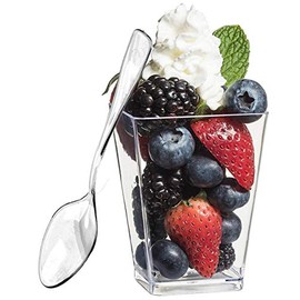 Zappy 350 5 oz Tall Square Clear Dessert Cups and 350 Tasting Spoons Dessert Glasses Shot Glasses Trifle Bowl Clear Disposable Plastic Dessert Tumbler Cups Party Cups