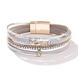 Leather Wrap Bracelet for Women Men Multilayer Heart Bracelets Rhinestone Cuff Leather Bracelets for Women (Grey, One Size)