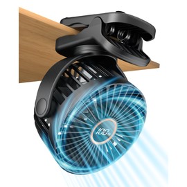 buywoo Portable Desk Fan, Battery Powered Stroller Fan With Strong Clamp Grip, 360° Rotation, 3-Speed & LED Display, Small Rechargeable Personal Clip On Fan For Bedroom, Office, Gyms, Black