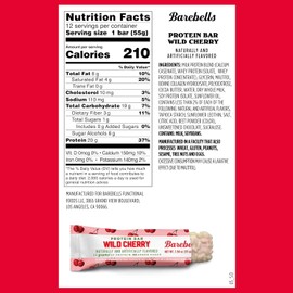 Barebells Protein Bars Wild Cherry - 12 Count, 1.94 oz Bars - Snacks with 20g of High Protein - Chocolate Nutrition Bar with 1g of Total Sugars - On The Go Snack & Breakfast Bars