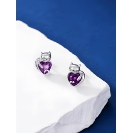 Seiyang February Amethyst Heart Birthstone Stud Cat Earrings 925 Sterling Silver Cat Jewelry Purple Birthstone Gifts for Daughter Women
