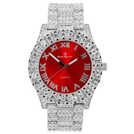 Charles Raymond Mens Silver Big Rocks with Roman Numerals Fully Iced Out Colorful Dial Watch - ST10327 RN Single (Blood Red/Silver)
