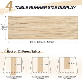4 Pack Beige Cheesecloth Table Runner 14FT Gauze Table Runner with Natural Wrinkle 35*170 inch Rustic Table Decoration, Romatic Wedding Table Runner Boho for Reception Party Banquet Baby Shower