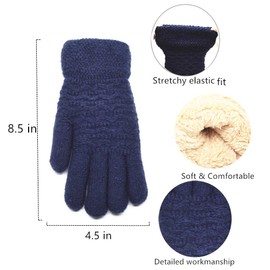Women's Winter Warm Touch Screen Gloves Womens Thermal Navy Blue Cable Knit Wool Fleece Lined Touchscreen Texting Mittens for Cold Weather