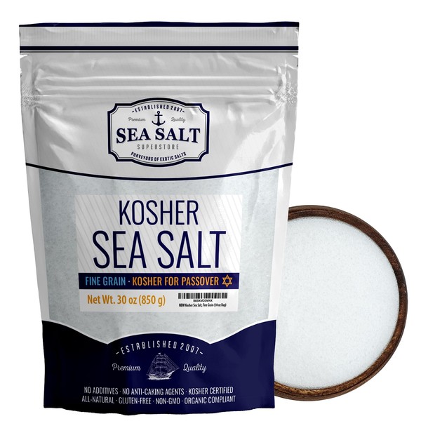 Kosher Sea Salt, Fine Grain Kosher Salt, Replacement for Table Salt, Non-Iodized, All-Natural, No Additives (30 oz Bag) - Sea Salt Superstore