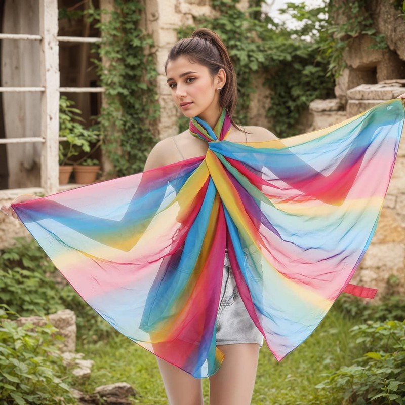 Amazleer Women's Chiffon Scarf, Rainbow Design, Long, Colourful, Soft, Thin