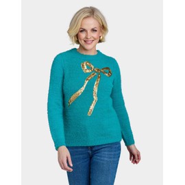 Amber Ladies Bow Sequin Jumper Supersoft Feather Yarn Sparkling Bow Sequin Design Long Sleeve Sweater Ocean 10
