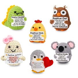 Hand Woven Crochet Ornaments Featuring Front Facing Dinosaurs, Koalas, Chicks, Potatoes, Penguins, Owls, and Emotional Support Decorations with Encouragement Cards