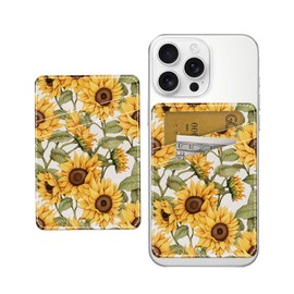 AWHSCP Phone Card Holder, Cute Leather Phone Wallet Stick On, Dual Pocket Credit Card Sticky Wallet Cute Sunflower