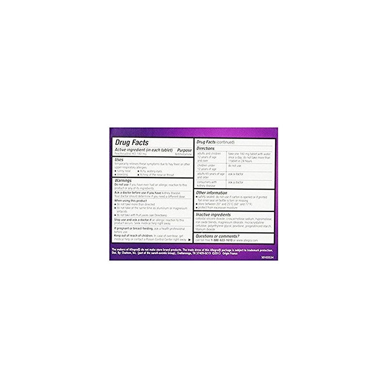 Allegra Adult 24 Hour Allergy Tablets, 180Mg, (70 Tablets) JaQle