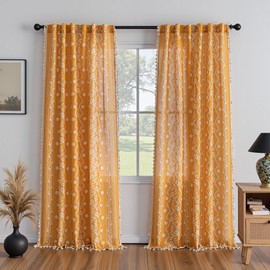 MYSKY HOME Boho Floral Curtains 84 inch Long 2 Panels Set Mustard Yellow Farmhouse Curtains for Bedroom Living Room Semi Sheer Vintage Bohemian Drapes with White Tassel Back Tab, 50" Wide