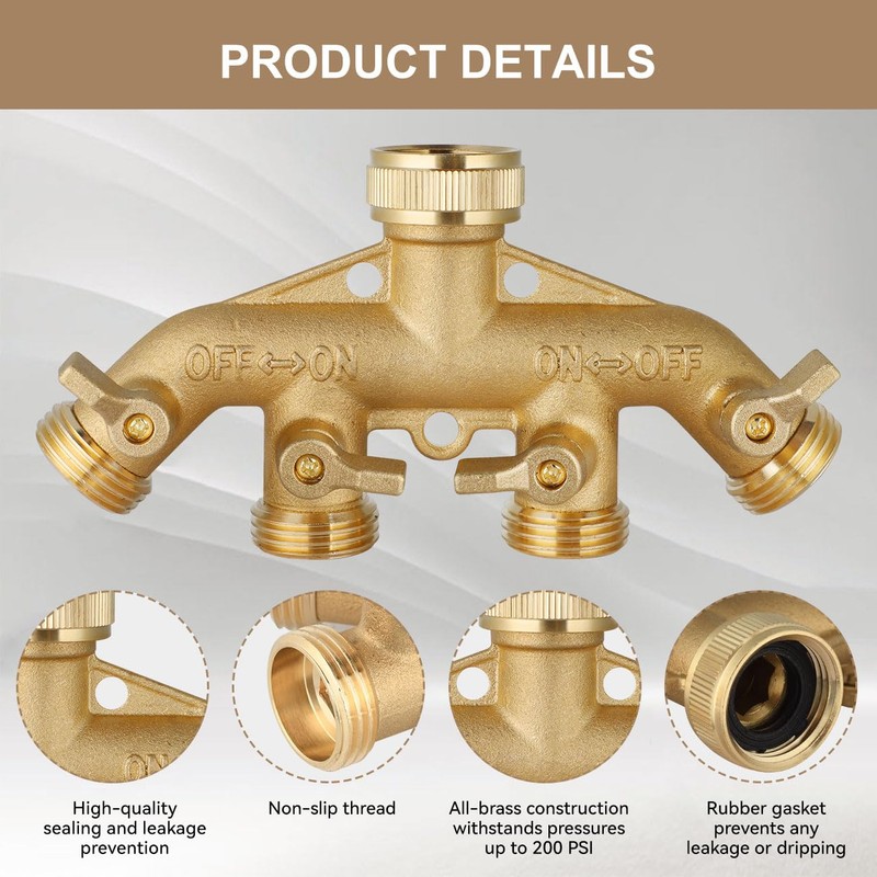 4 Way Garden Hose Splitter, Heavy Duty Hose Connector 3/4",