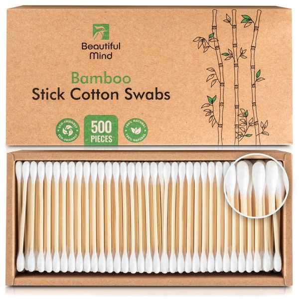 Updated 2.0 Organic Bamboo Cotton Swabs – Value Pack of 500 – Eco-Friendly, Biodegradable – Vegan, Non Plastic Qtips– Kraft Paper Box (Drawer Box)