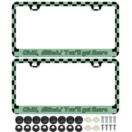 2Pcs Chill ! You'll Get There License Plate Frames Cover Holders Stainless Steel Cute Funny Green Aesthetic Checkered Print Retro Funny License Plate Cover with Screw Caps Cover Set - 2-Hole