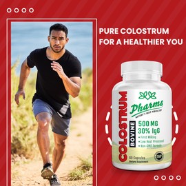 PHARMS Colostrum Bovine 500mg Capsules with 30% Immunoglobulin G (IgG) - First Milking, Low Heat Processed & Non-GMO - Cow Colostrum Supplement - 60 Capsules